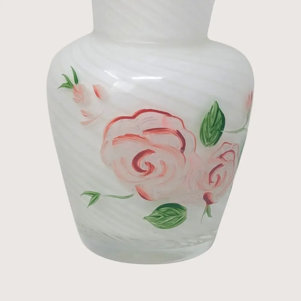 1970s Fenton White Swirl Glass Painted Rose Vase